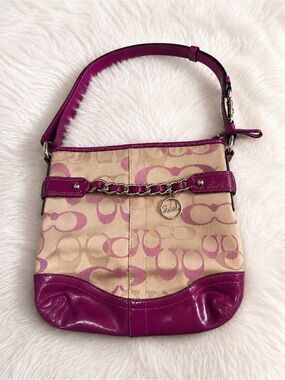 Y2K Vintage Coach Signature Canvas Hobo Shoulder Bag Purple Patent Leather EUC